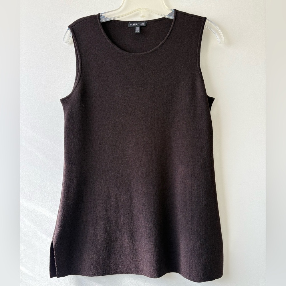 Eileen Fisher Sweater Sleeveless Chocolate Brown Lagenlook Quiet Luxury Vest